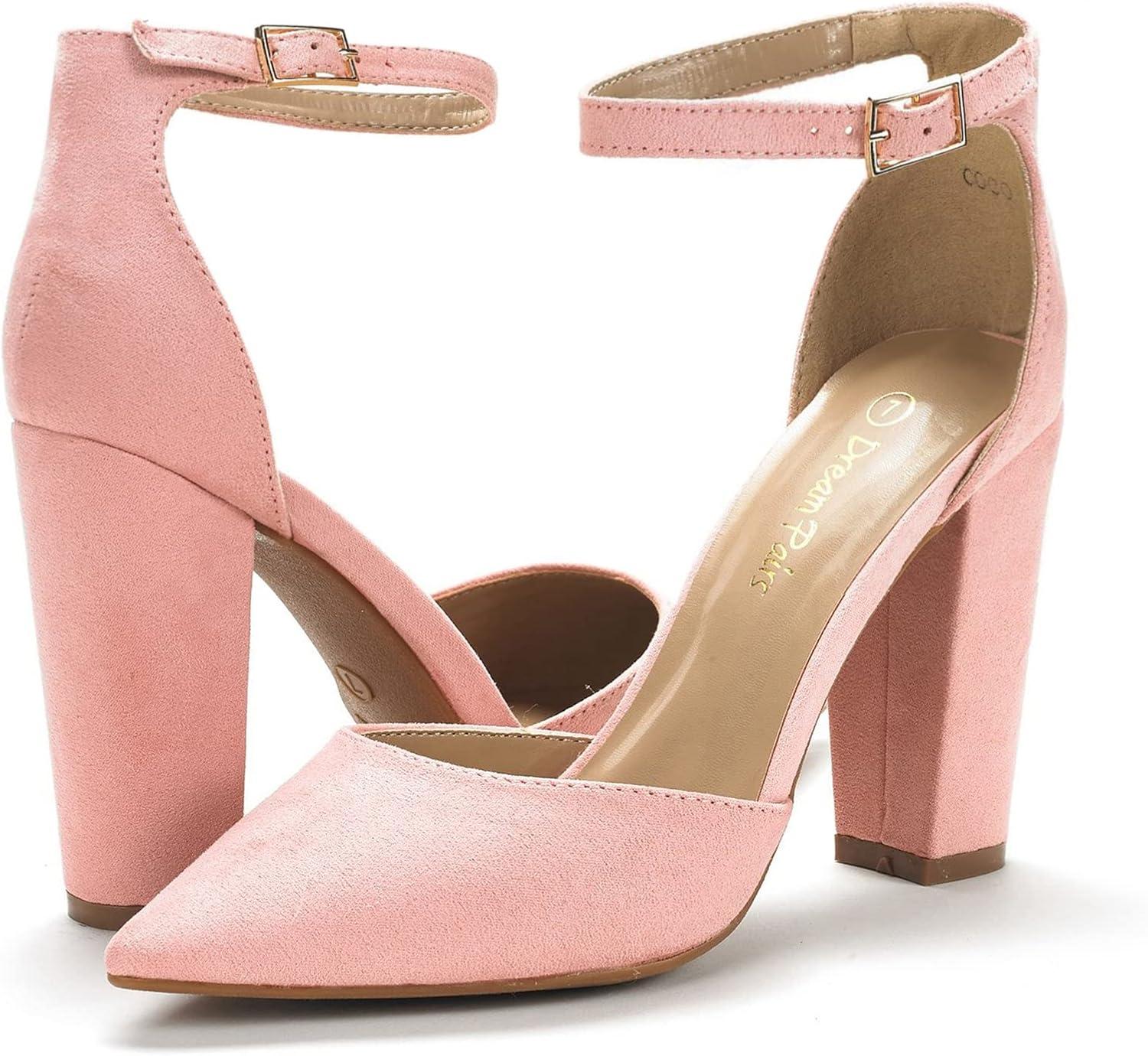 imageDREAM PAIRS Womens Coco High Heels Chunky Block Pumps Pointed Closed Toe Ankle Strap Dress ShoesPinkSuede