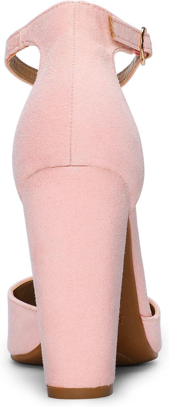 imageDREAM PAIRS Womens Coco High Heels Chunky Block Pumps Pointed Closed Toe Ankle Strap Dress ShoesPinkSuede