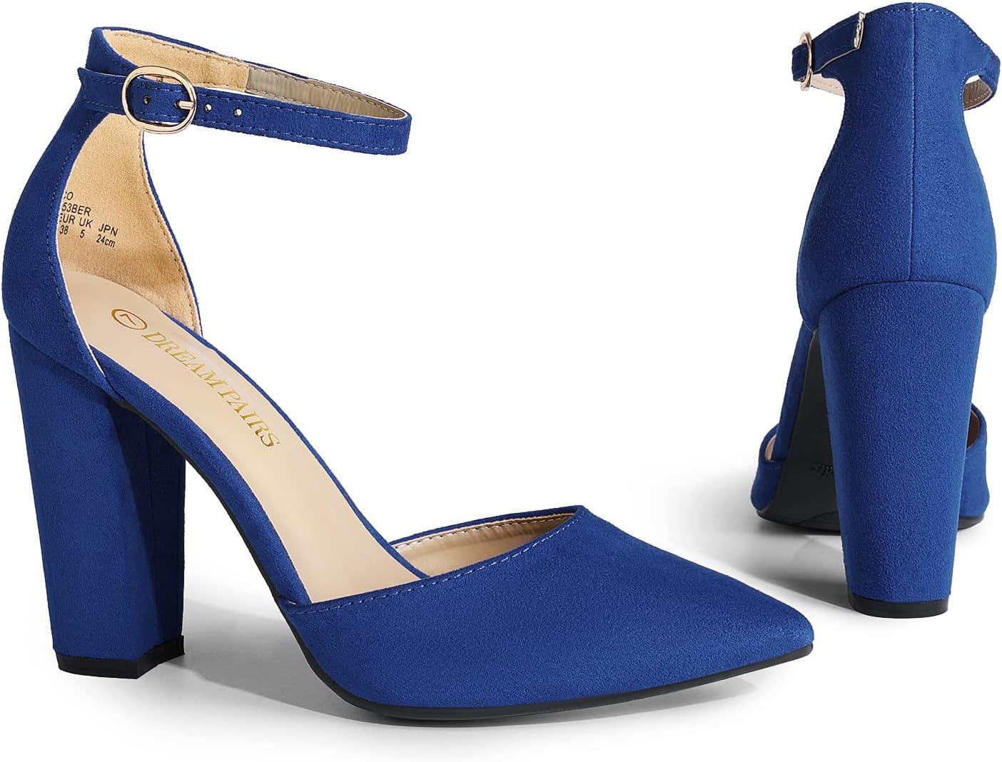 imageDREAM PAIRS Womens Coco High Heels Chunky Block Pumps Pointed Closed Toe Ankle Strap Dress ShoesRoyalBlue