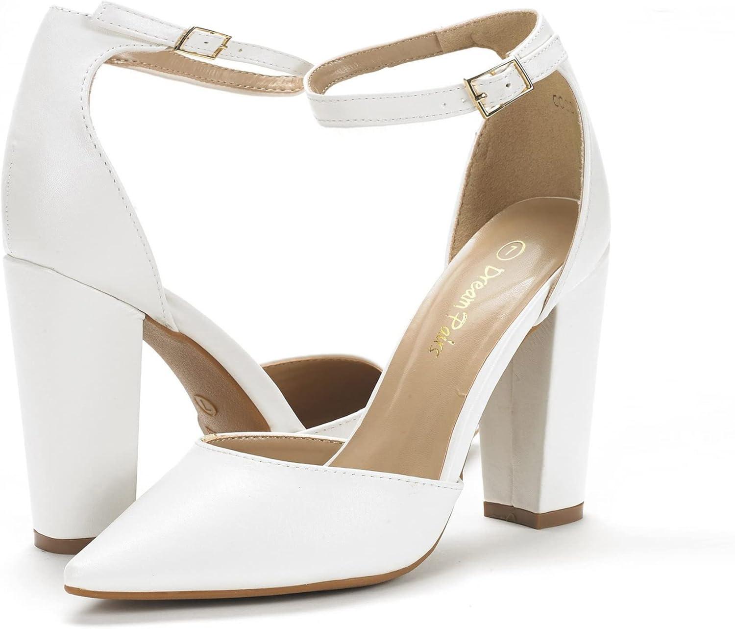 imageDREAM PAIRS Womens Coco High Heels Chunky Block Pumps Pointed Closed Toe Ankle Strap Dress ShoesWhitePu