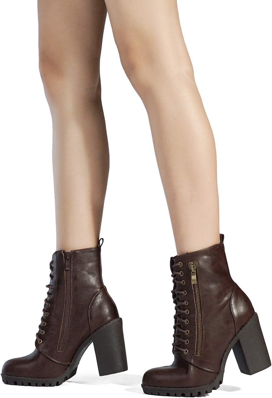 imageDREAM PAIRS Womens Combat Ankle Boots Chunky Heel Lace up Fashion Heeled BootiesBrown