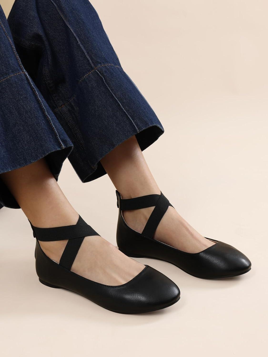 imageDREAM PAIRS Womens Comfortable Fashion Elastic Ankle Straps Flats ShoesBlackPu