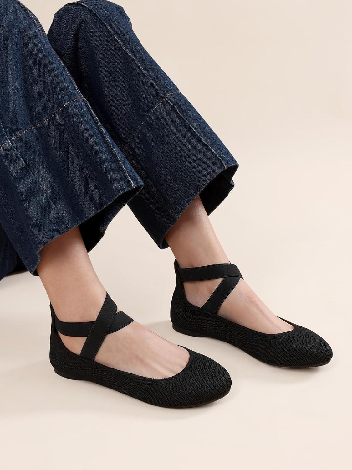 imageDREAM PAIRS Womens Comfortable Fashion Elastic Ankle Straps Flats ShoesBlackknit