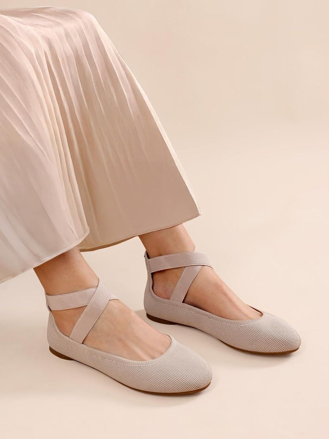 imageDREAM PAIRS Womens Comfortable Fashion Elastic Ankle Straps Flats ShoesNudeknit