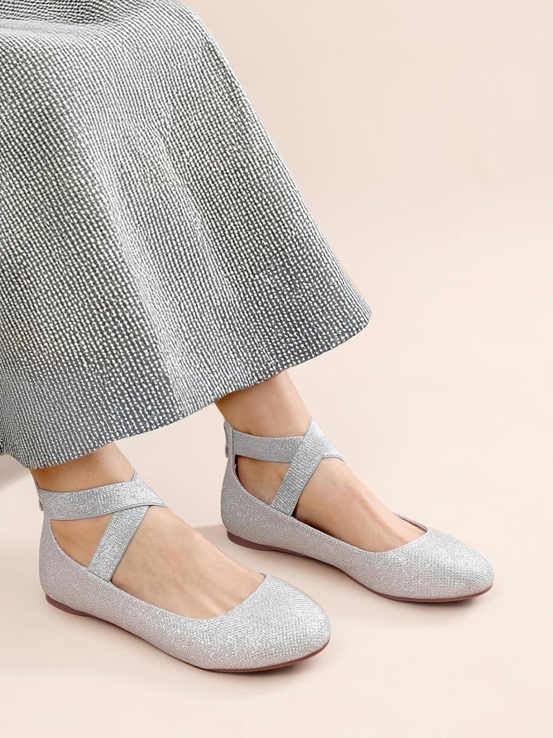 imageDREAM PAIRS Womens Comfortable Fashion Elastic Ankle Straps Flats ShoesSilverGlitter