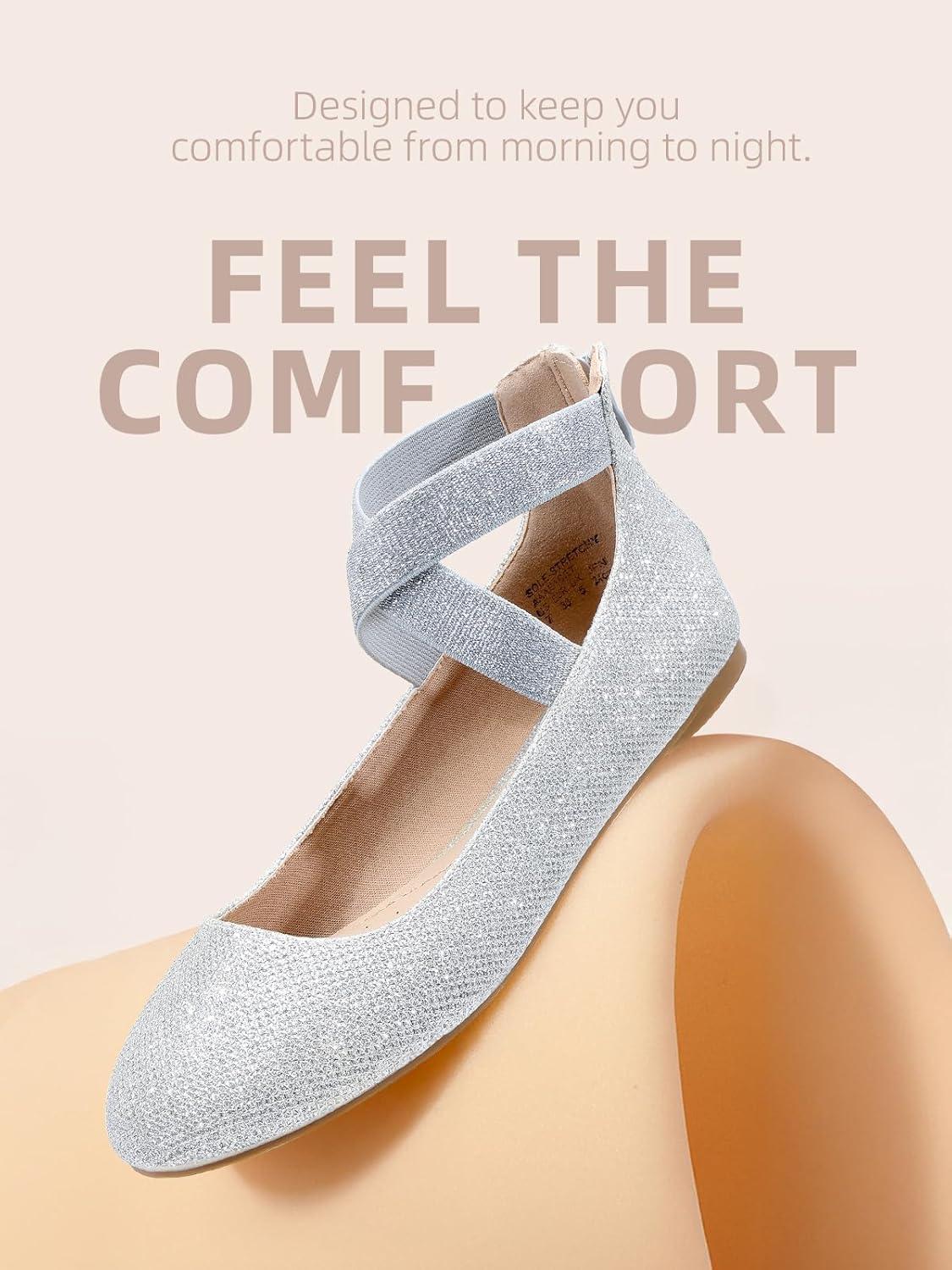 imageDREAM PAIRS Womens Comfortable Fashion Elastic Ankle Straps Flats ShoesSilverGlitter