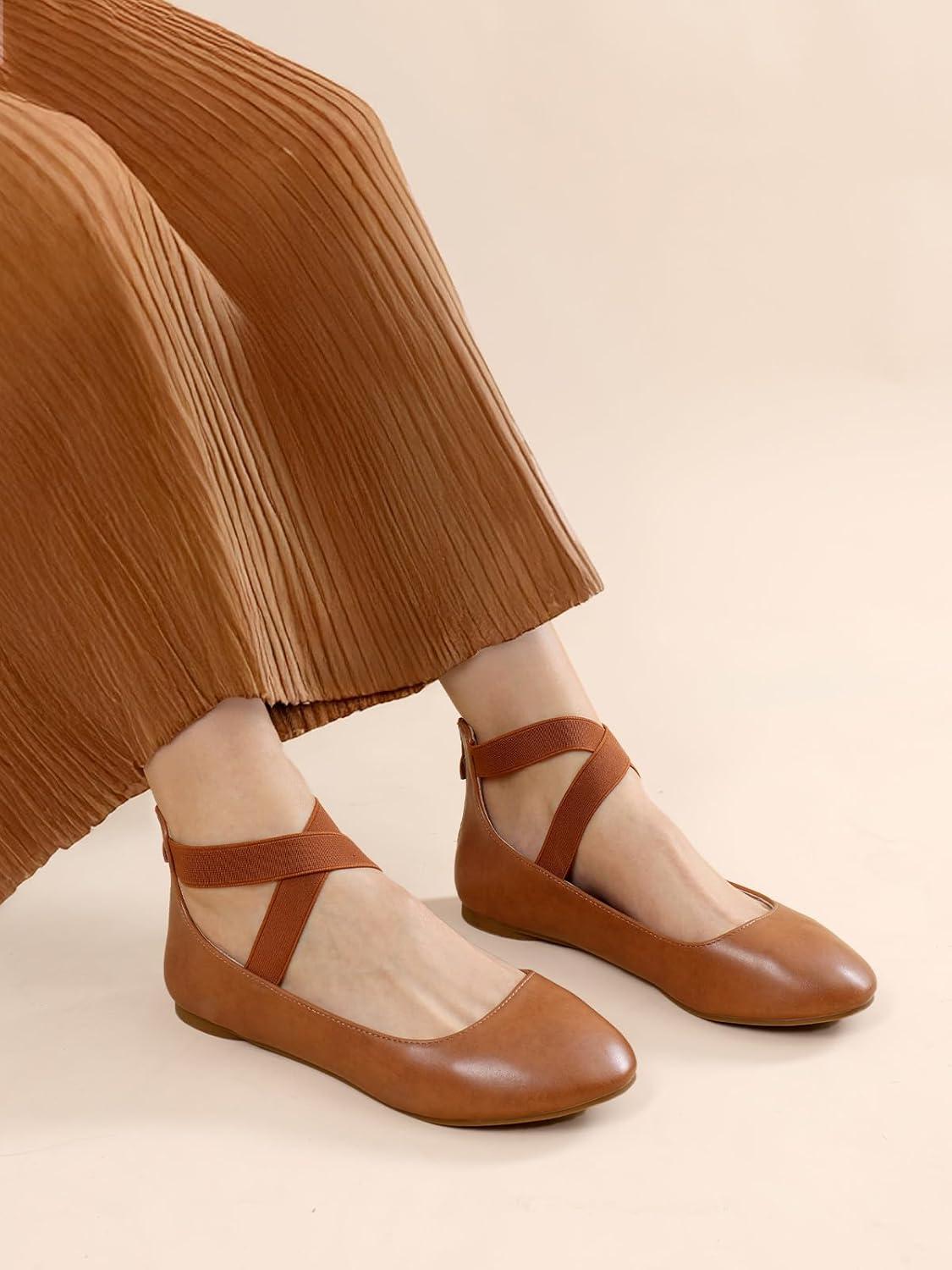 imageDREAM PAIRS Womens Comfortable Fashion Elastic Ankle Straps Flats ShoesTanPu