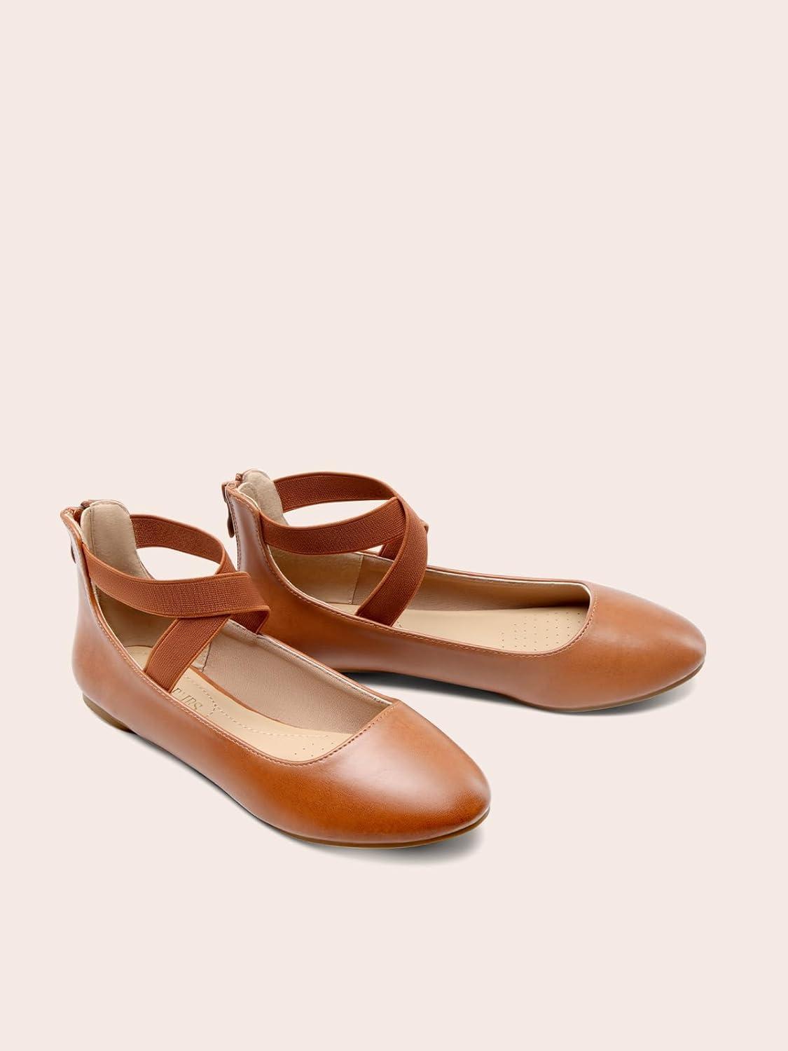 imageDREAM PAIRS Womens Comfortable Fashion Elastic Ankle Straps Flats ShoesTanPu