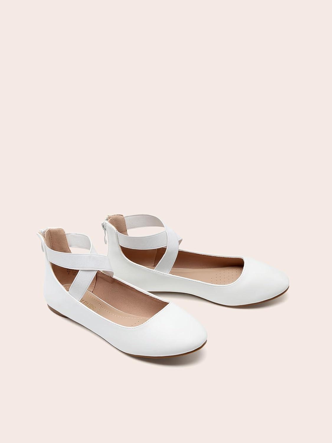 imageDREAM PAIRS Womens Comfortable Fashion Elastic Ankle Straps Flats ShoesWhitePu