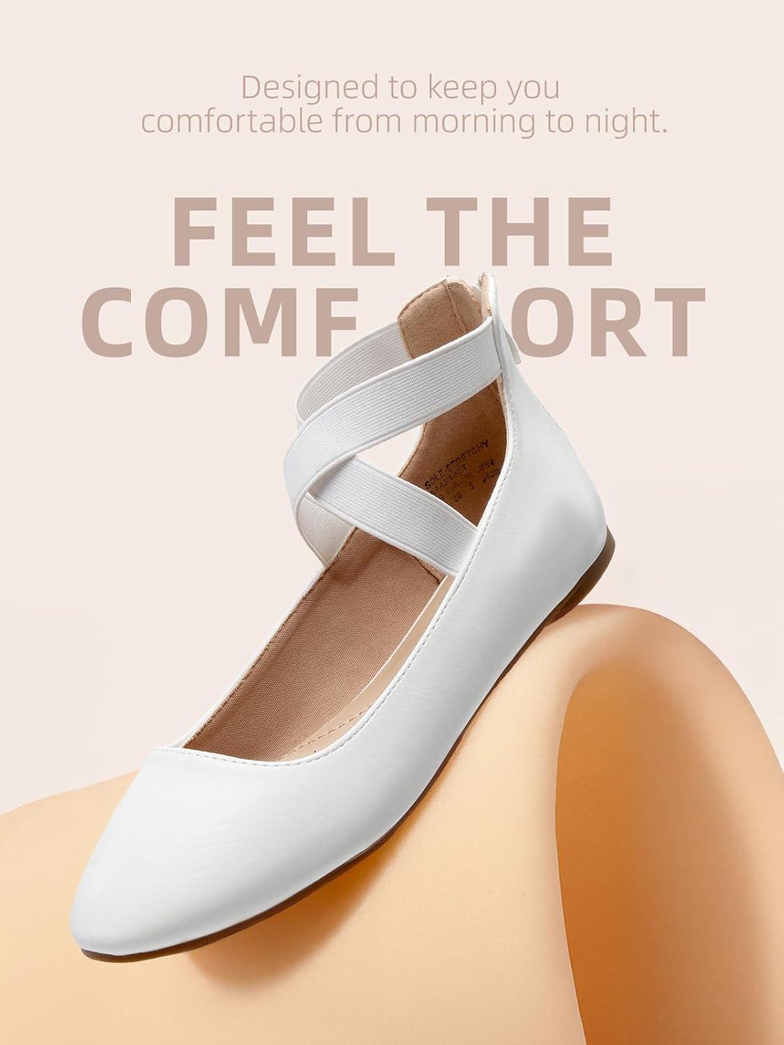 imageDREAM PAIRS Womens Comfortable Fashion Elastic Ankle Straps Flats ShoesWhitePu