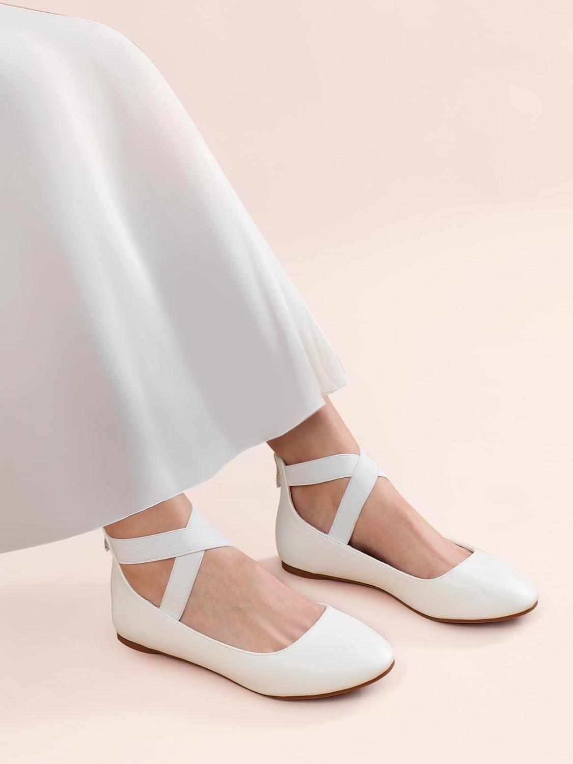 imageDREAM PAIRS Womens Comfortable Fashion Elastic Ankle Straps Flats ShoesWhitePu