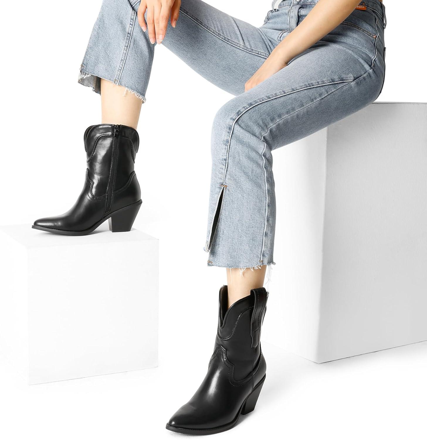 imageDREAM PAIRS Womens Cowboy Ankle Boots Western Booties Low Heel Pointed Toe Cowgirl BootsBlack