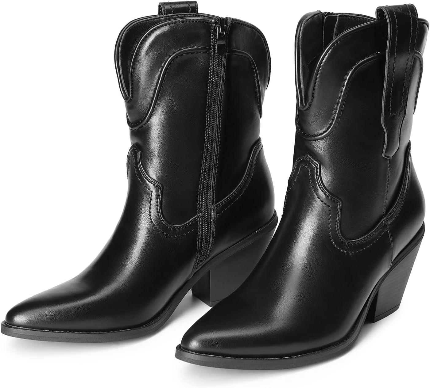 imageDREAM PAIRS Womens Cowboy Ankle Boots Western Booties Low Heel Pointed Toe Cowgirl BootsBlack