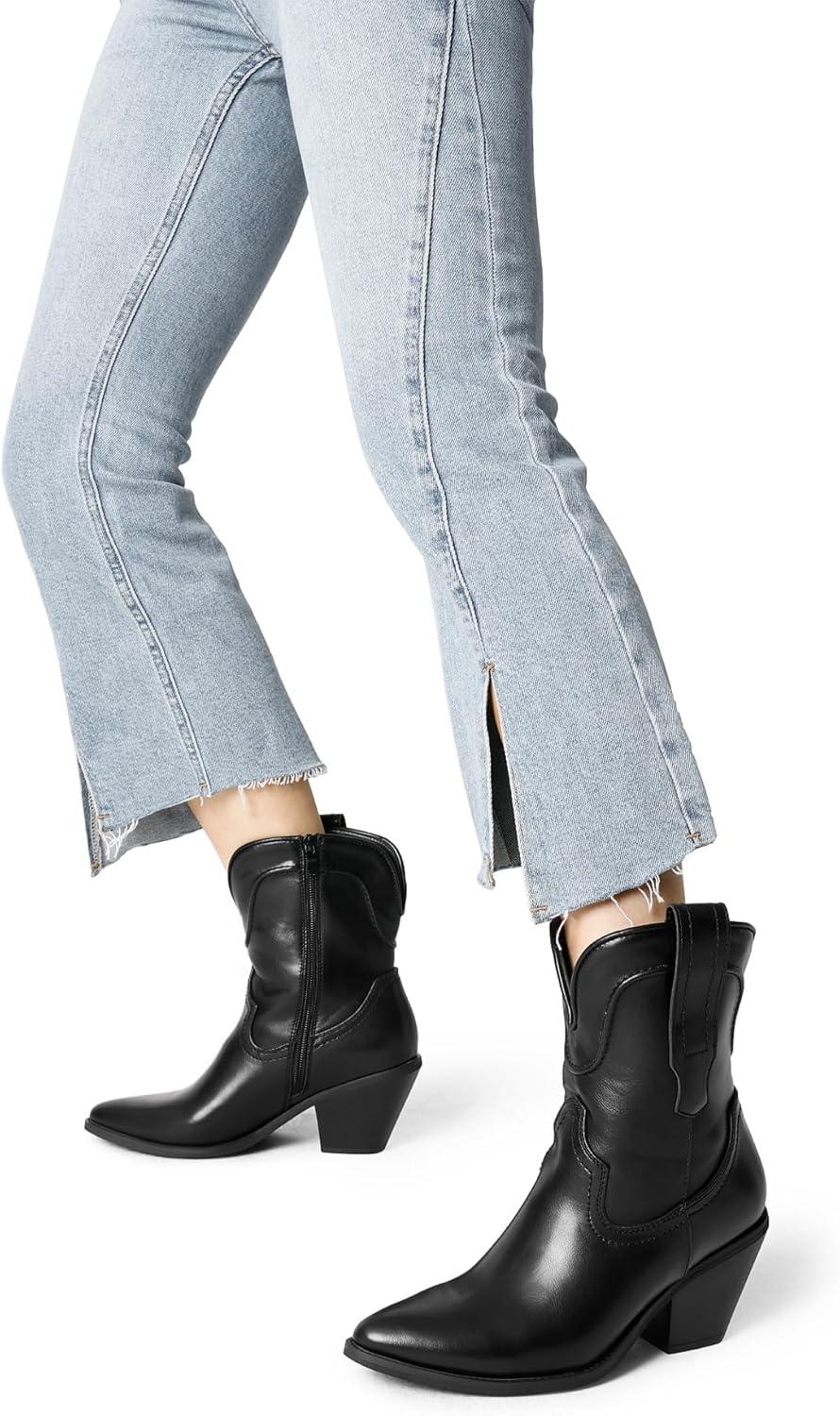 imageDREAM PAIRS Womens Cowboy Ankle Boots Western Booties Low Heel Pointed Toe Cowgirl BootsBlack