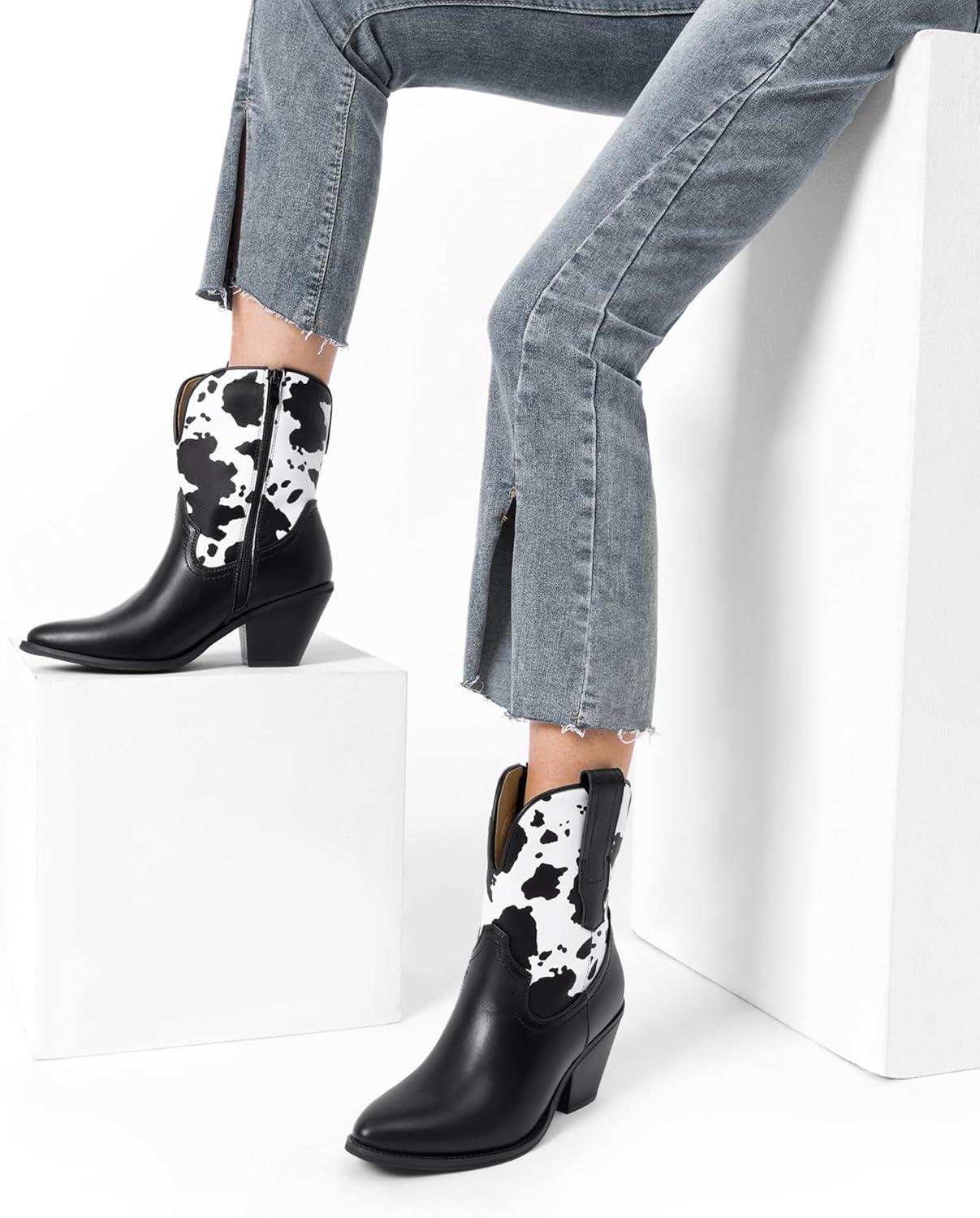 imageDREAM PAIRS Womens Cowboy Ankle Boots Western Booties Low Heel Pointed Toe Cowgirl BootsBlackCow