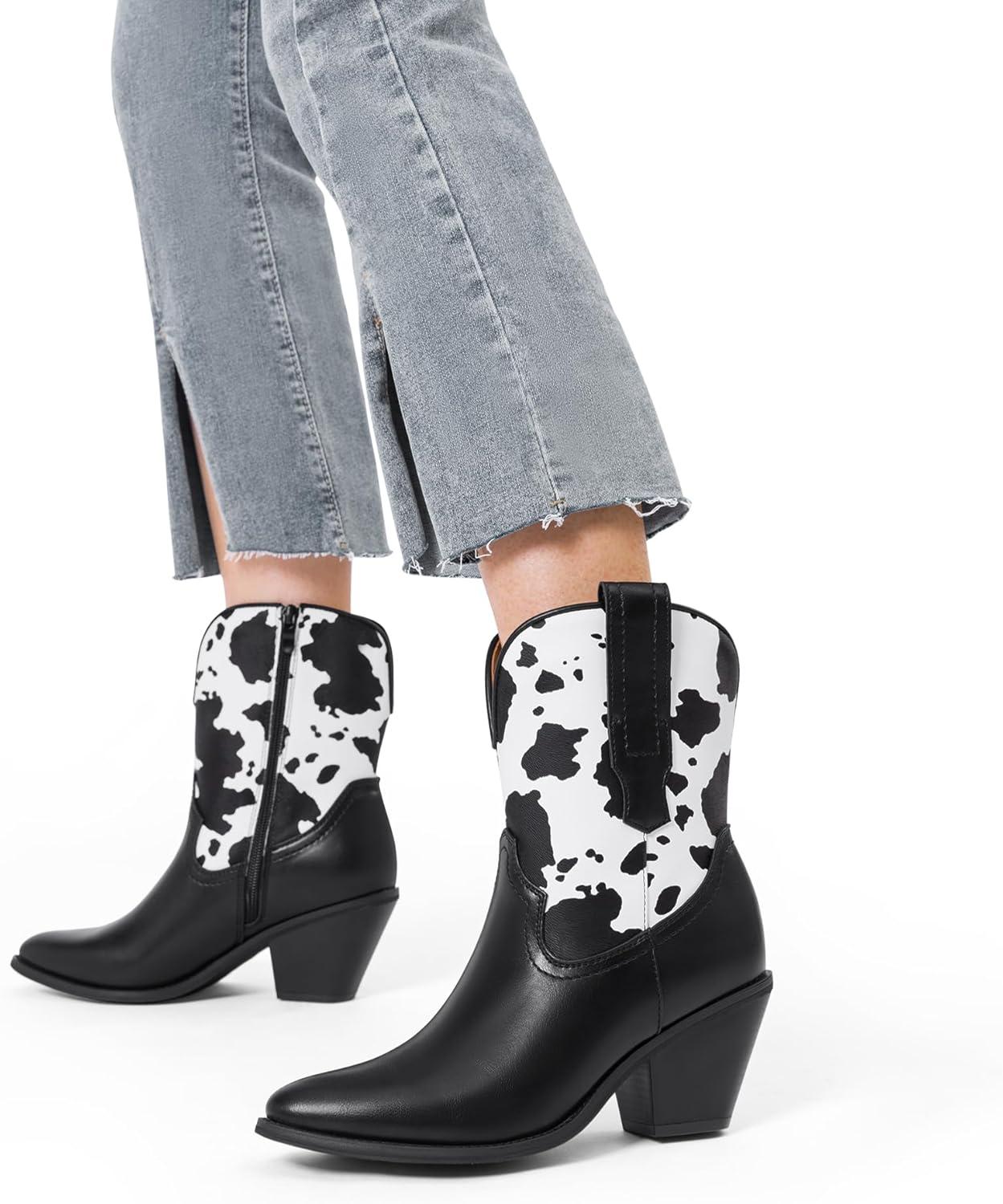 imageDREAM PAIRS Womens Cowboy Ankle Boots Western Booties Low Heel Pointed Toe Cowgirl BootsBlackCow