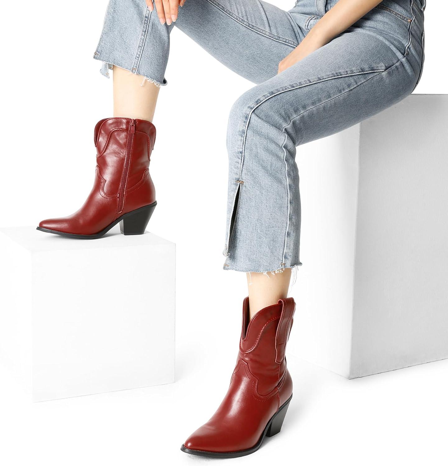 imageDREAM PAIRS Womens Cowboy Ankle Boots Western Booties Low Heel Pointed Toe Cowgirl BootsRed