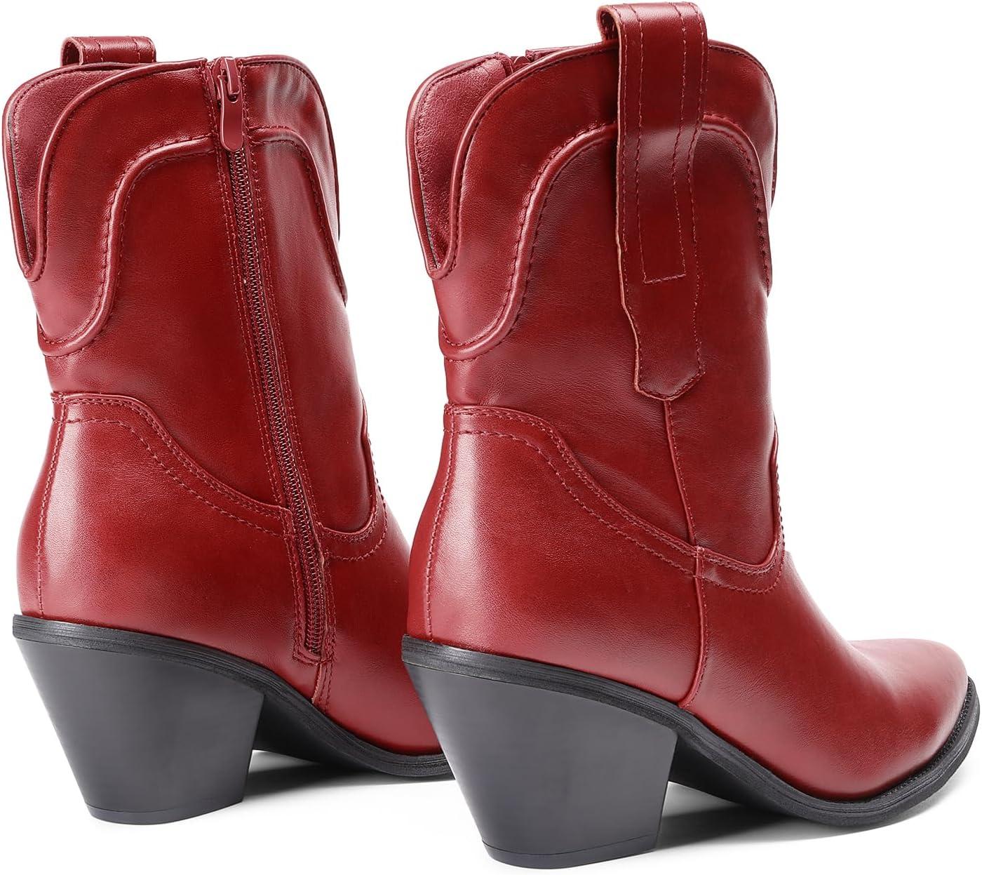 imageDREAM PAIRS Womens Cowboy Ankle Boots Western Booties Low Heel Pointed Toe Cowgirl BootsRed