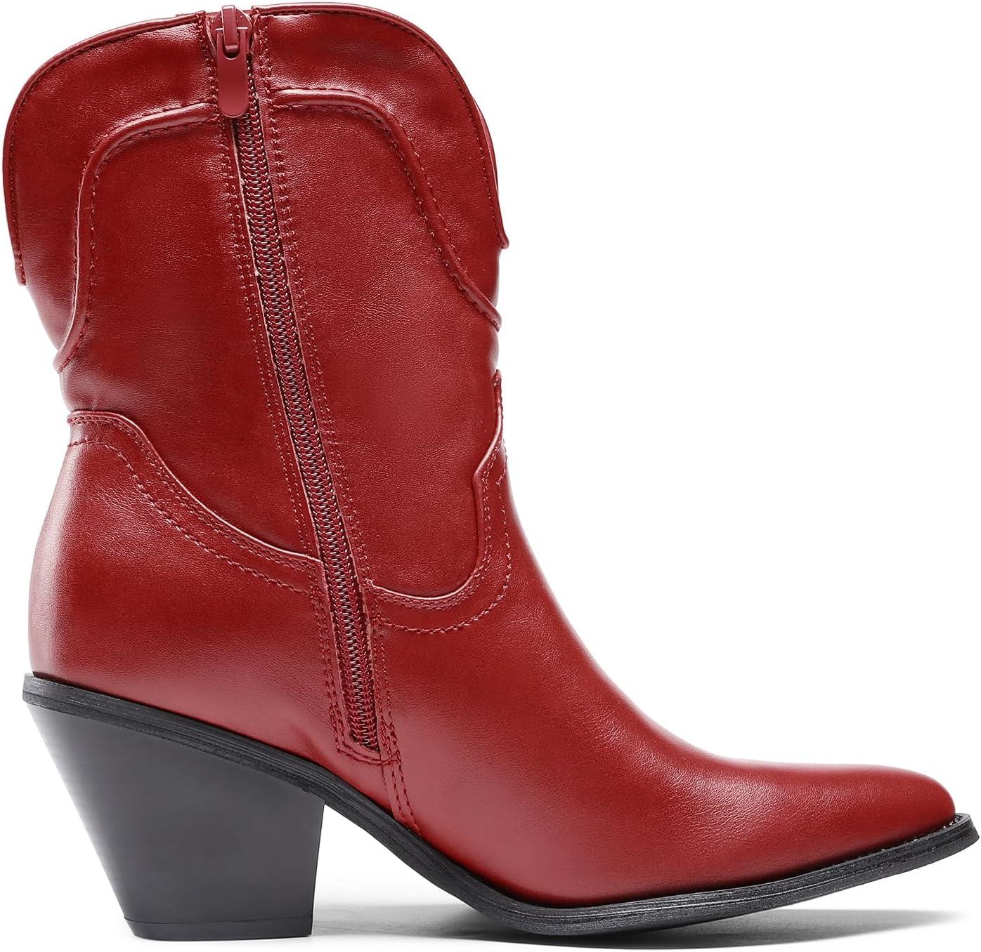 imageDREAM PAIRS Womens Cowboy Ankle Boots Western Booties Low Heel Pointed Toe Cowgirl BootsRed