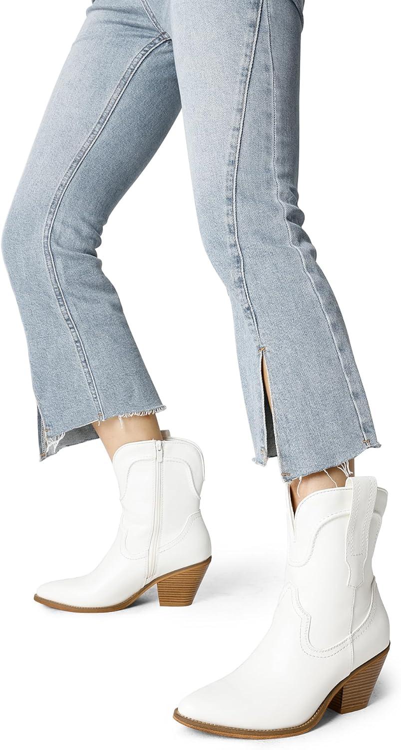 imageDREAM PAIRS Womens Cowboy Ankle Boots Western Booties Low Heel Pointed Toe Cowgirl BootsWhite