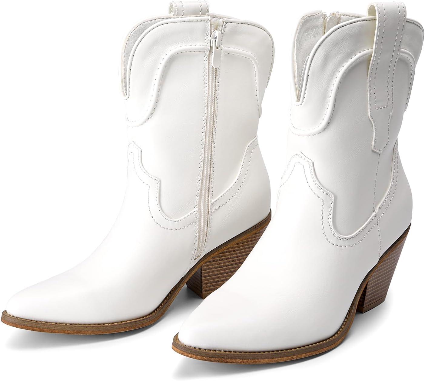 imageDREAM PAIRS Womens Cowboy Ankle Boots Western Booties Low Heel Pointed Toe Cowgirl BootsWhite