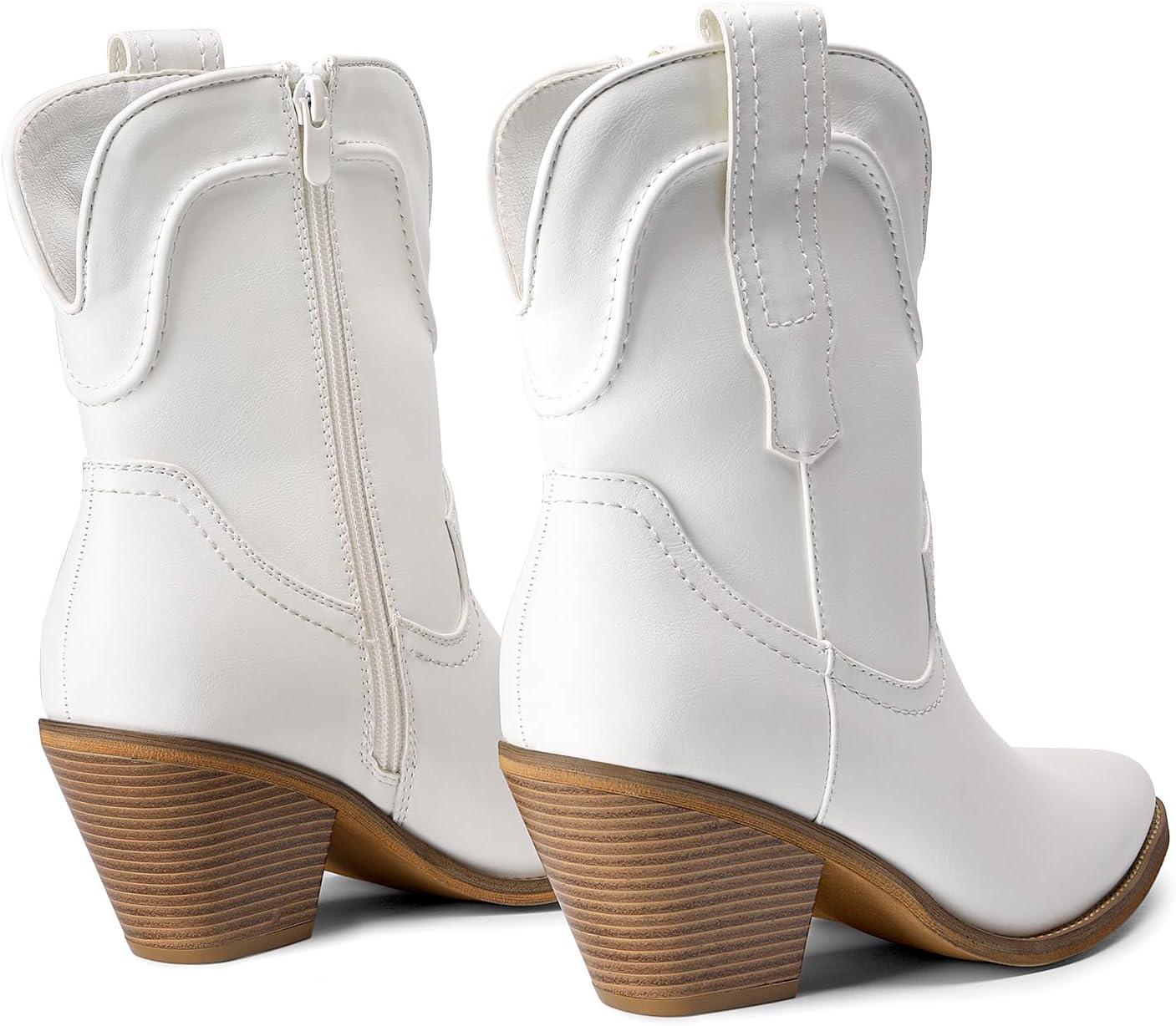 imageDREAM PAIRS Womens Cowboy Ankle Boots Western Booties Low Heel Pointed Toe Cowgirl BootsWhite