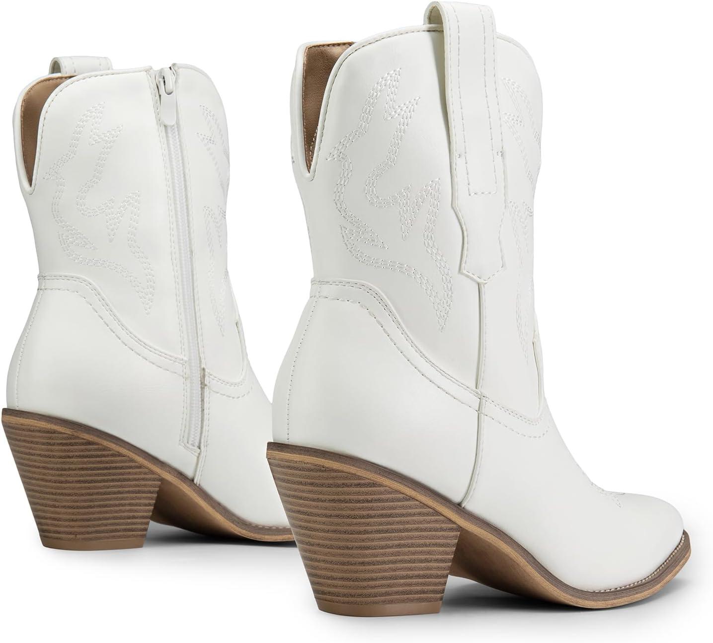 imageDREAM PAIRS Womens Cowboy Ankle Boots Western Booties Low Heel Pointed Toe Cowgirl BootsWhiteembroidery