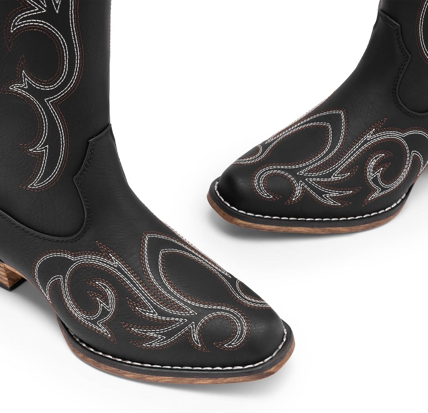 imageDREAM PAIRS Womens Cowboy Boots Comfortable Cowgirl Knee High Boots Pull On Side Zipper Chunky Heel Embroidered Western BootsBlack