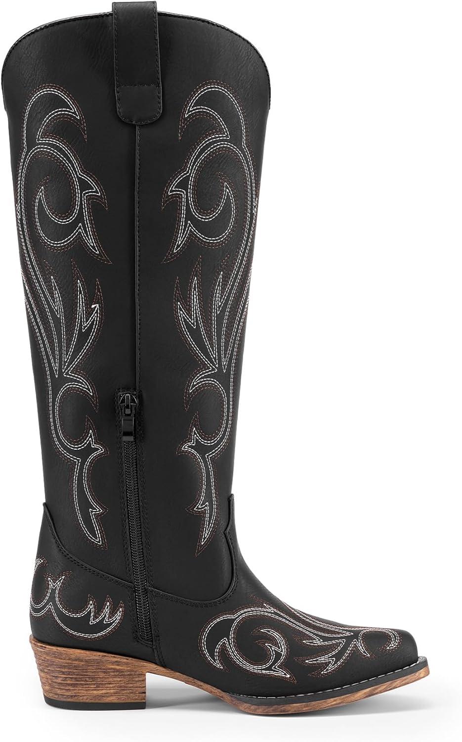 imageDREAM PAIRS Womens Cowboy Boots Comfortable Cowgirl Knee High Boots Pull On Side Zipper Chunky Heel Embroidered Western BootsBlack