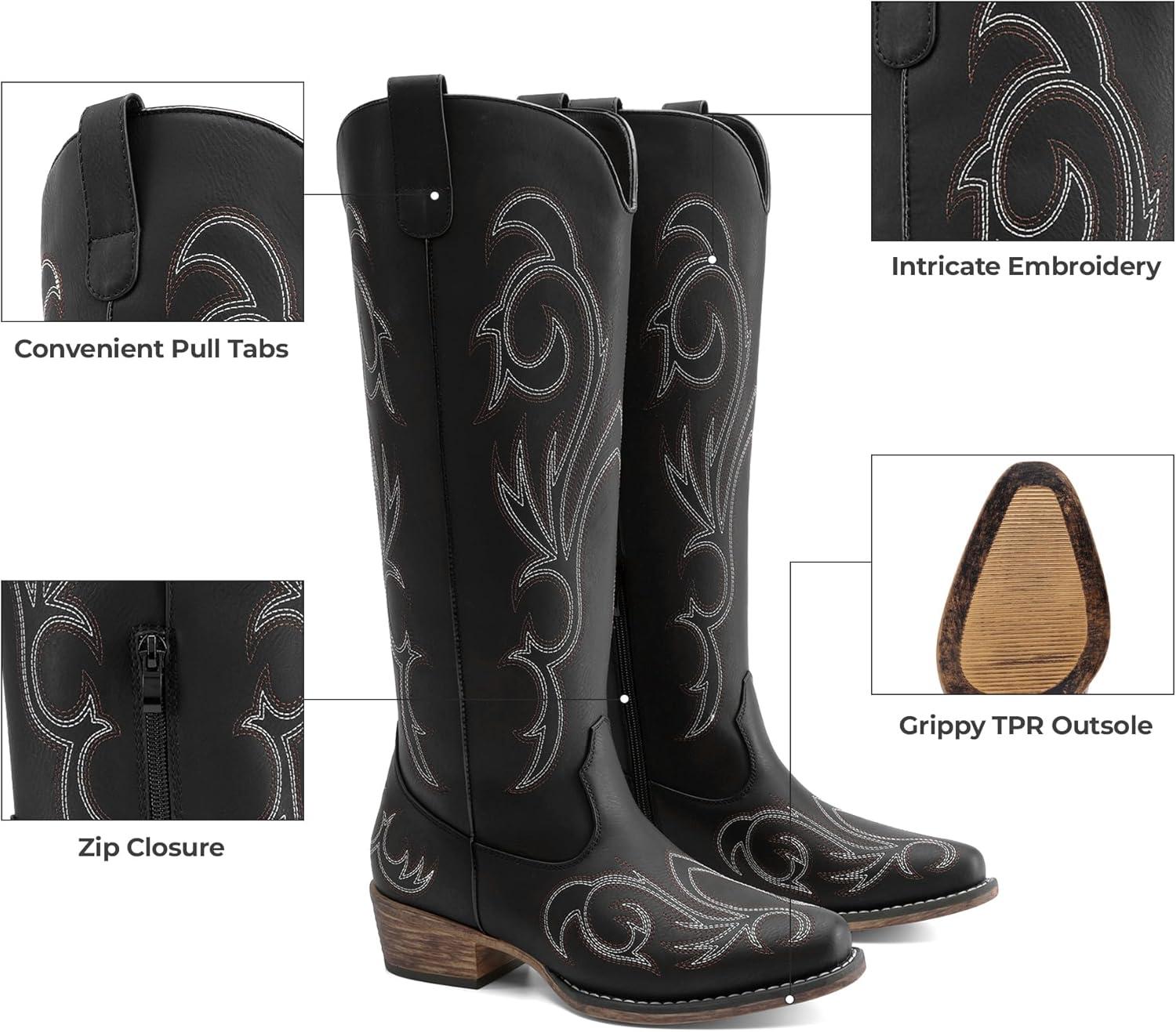 imageDREAM PAIRS Womens Cowboy Boots Comfortable Cowgirl Knee High Boots Pull On Side Zipper Chunky Heel Embroidered Western BootsBlack