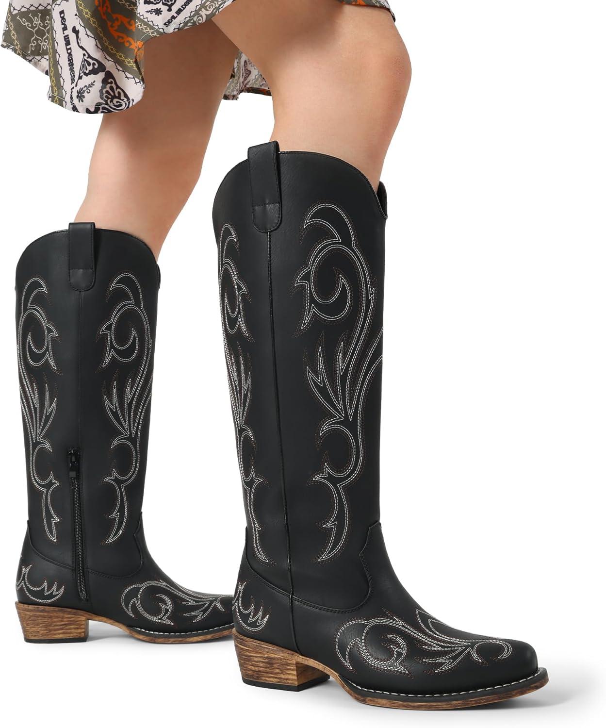 imageDREAM PAIRS Womens Cowboy Boots Comfortable Cowgirl Knee High Boots Pull On Side Zipper Chunky Heel Embroidered Western BootsBlack