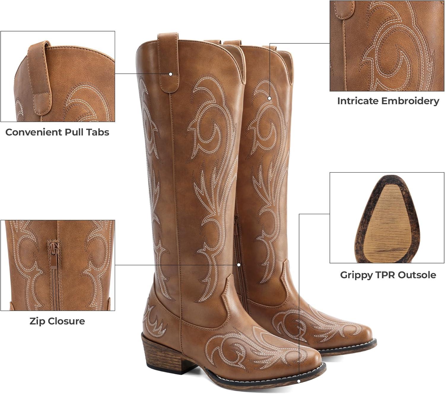 imageDREAM PAIRS Womens Cowboy Boots Comfortable Cowgirl Knee High Boots Pull On Side Zipper Chunky Heel Embroidered Western BootsBrown
