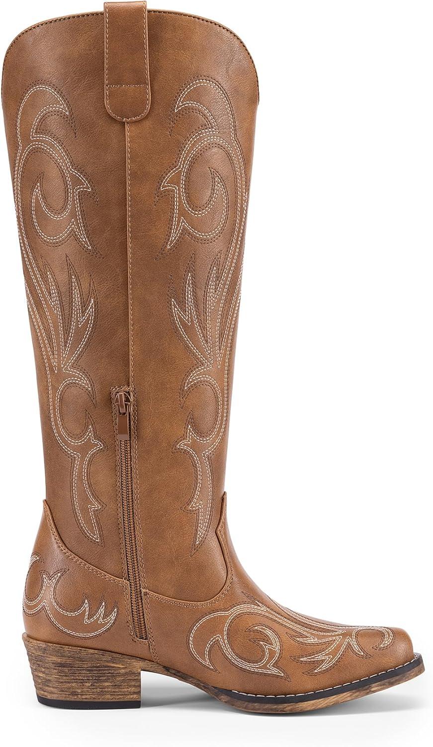 imageDREAM PAIRS Womens Cowboy Boots Comfortable Cowgirl Knee High Boots Pull On Side Zipper Chunky Heel Embroidered Western BootsBrown