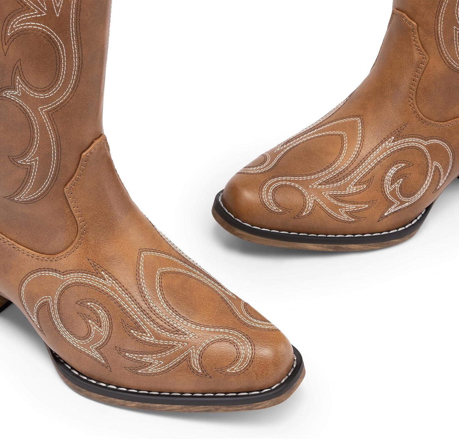 imageDREAM PAIRS Womens Cowboy Boots Comfortable Cowgirl Knee High Boots Pull On Side Zipper Chunky Heel Embroidered Western BootsBrown