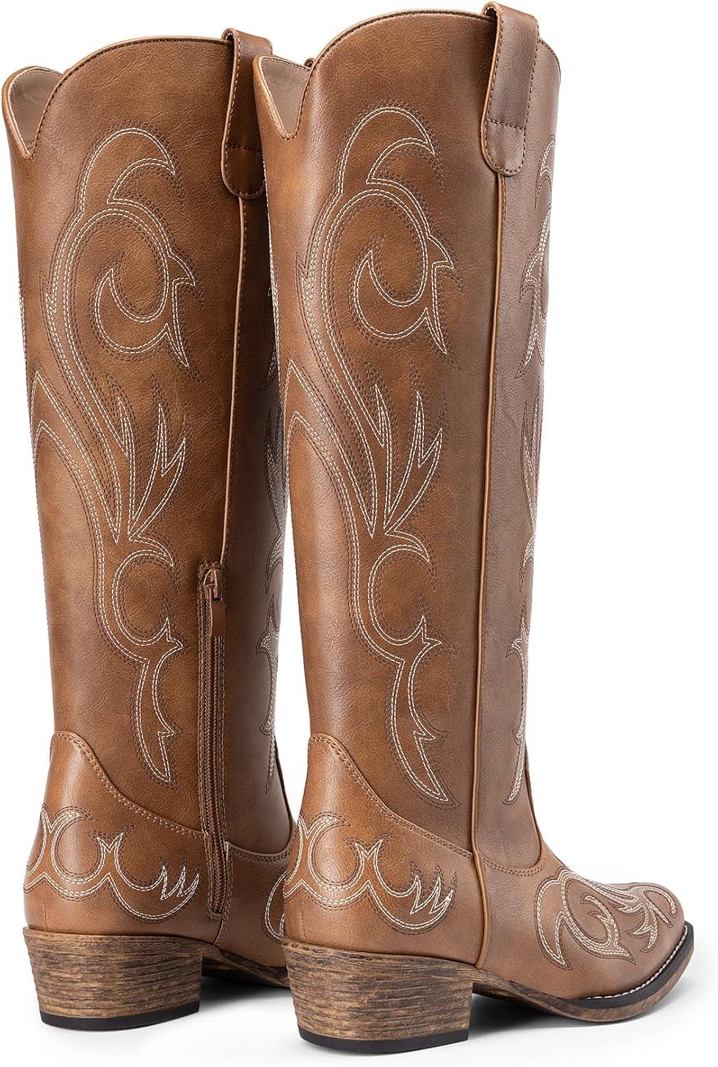 imageDREAM PAIRS Womens Cowboy Boots Comfortable Cowgirl Knee High Boots Pull On Side Zipper Chunky Heel Embroidered Western BootsBrown