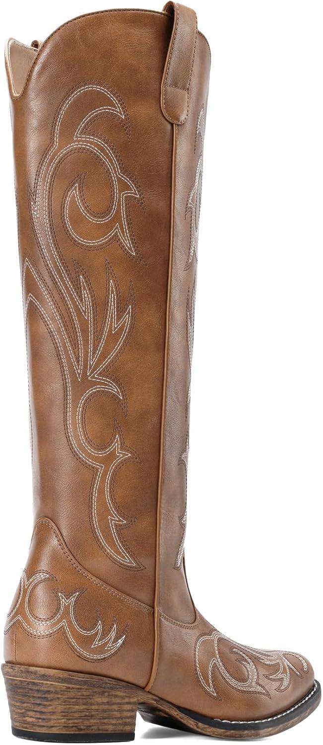 imageDREAM PAIRS Womens Cowboy Boots Comfortable Cowgirl Knee High Boots Pull On Side Zipper Chunky Heel Embroidered Western BootsBrown