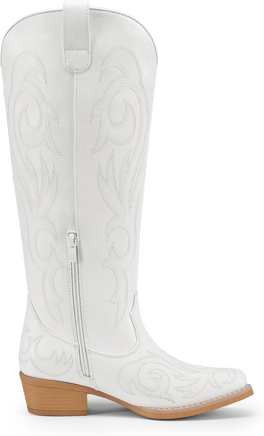 imageDREAM PAIRS Womens Cowboy Boots Comfortable Cowgirl Knee High Boots Pull On Side Zipper Chunky Heel Embroidered Western BootsWhite