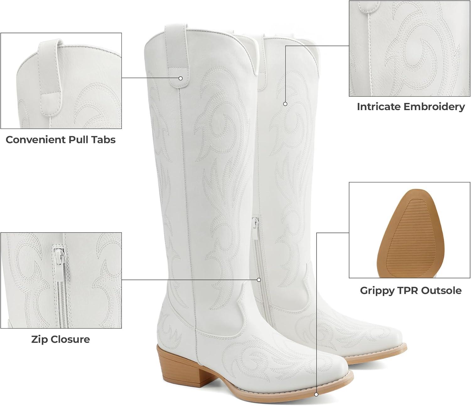 imageDREAM PAIRS Womens Cowboy Boots Comfortable Cowgirl Knee High Boots Pull On Side Zipper Chunky Heel Embroidered Western BootsWhite