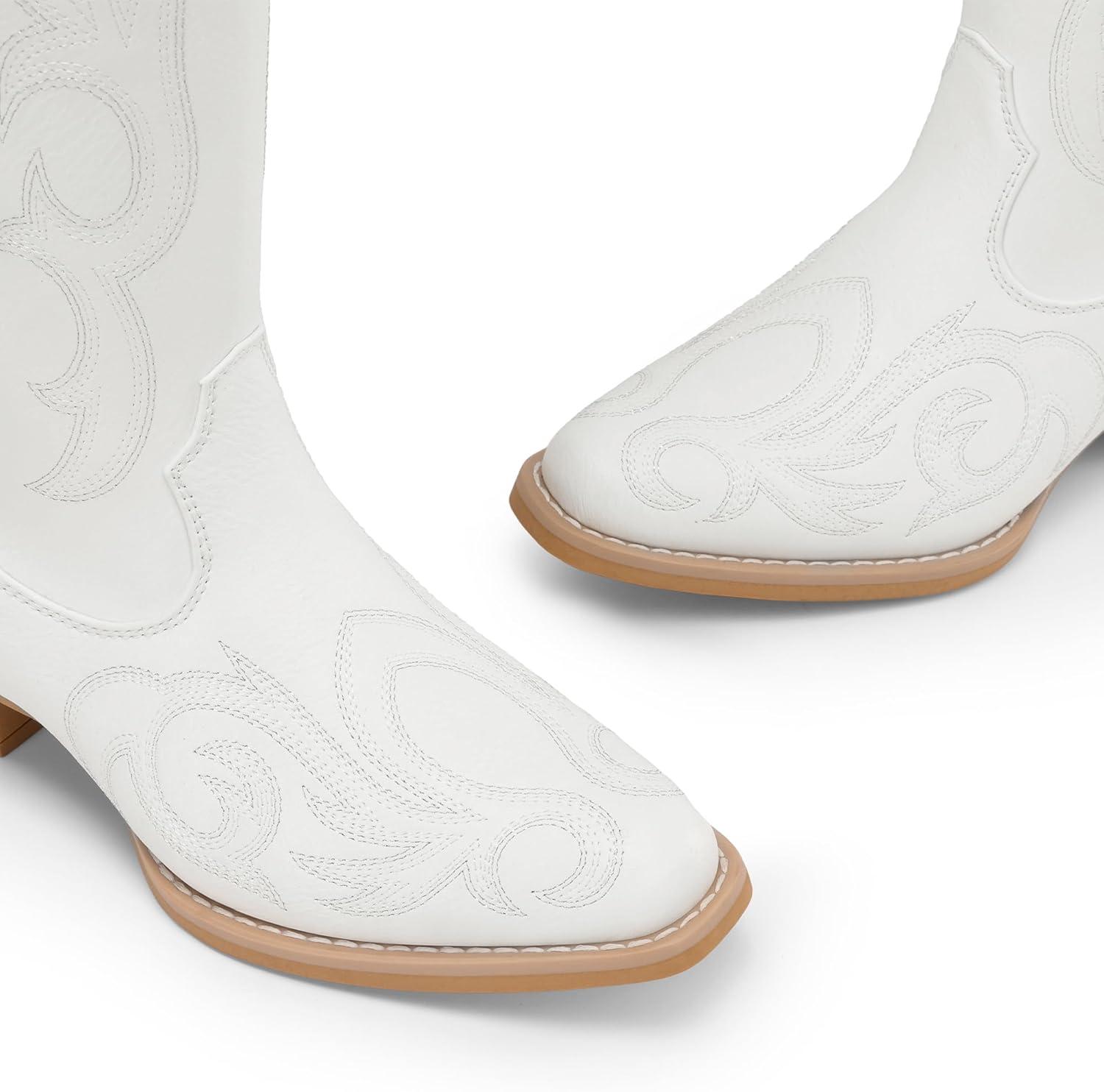 imageDREAM PAIRS Womens Cowboy Boots Comfortable Cowgirl Knee High Boots Pull On Side Zipper Chunky Heel Embroidered Western BootsWhite