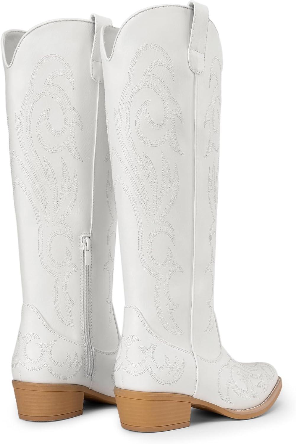 imageDREAM PAIRS Womens Cowboy Boots Comfortable Cowgirl Knee High Boots Pull On Side Zipper Chunky Heel Embroidered Western BootsWhite