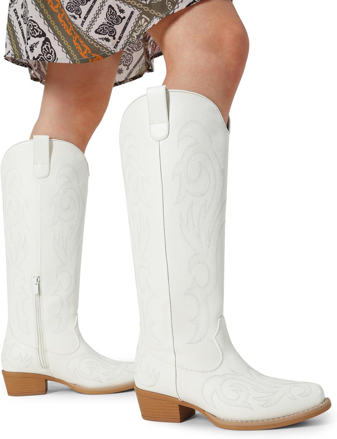 imageDREAM PAIRS Womens Cowboy Boots Comfortable Cowgirl Knee High Boots Pull On Side Zipper Chunky Heel Embroidered Western BootsWhite