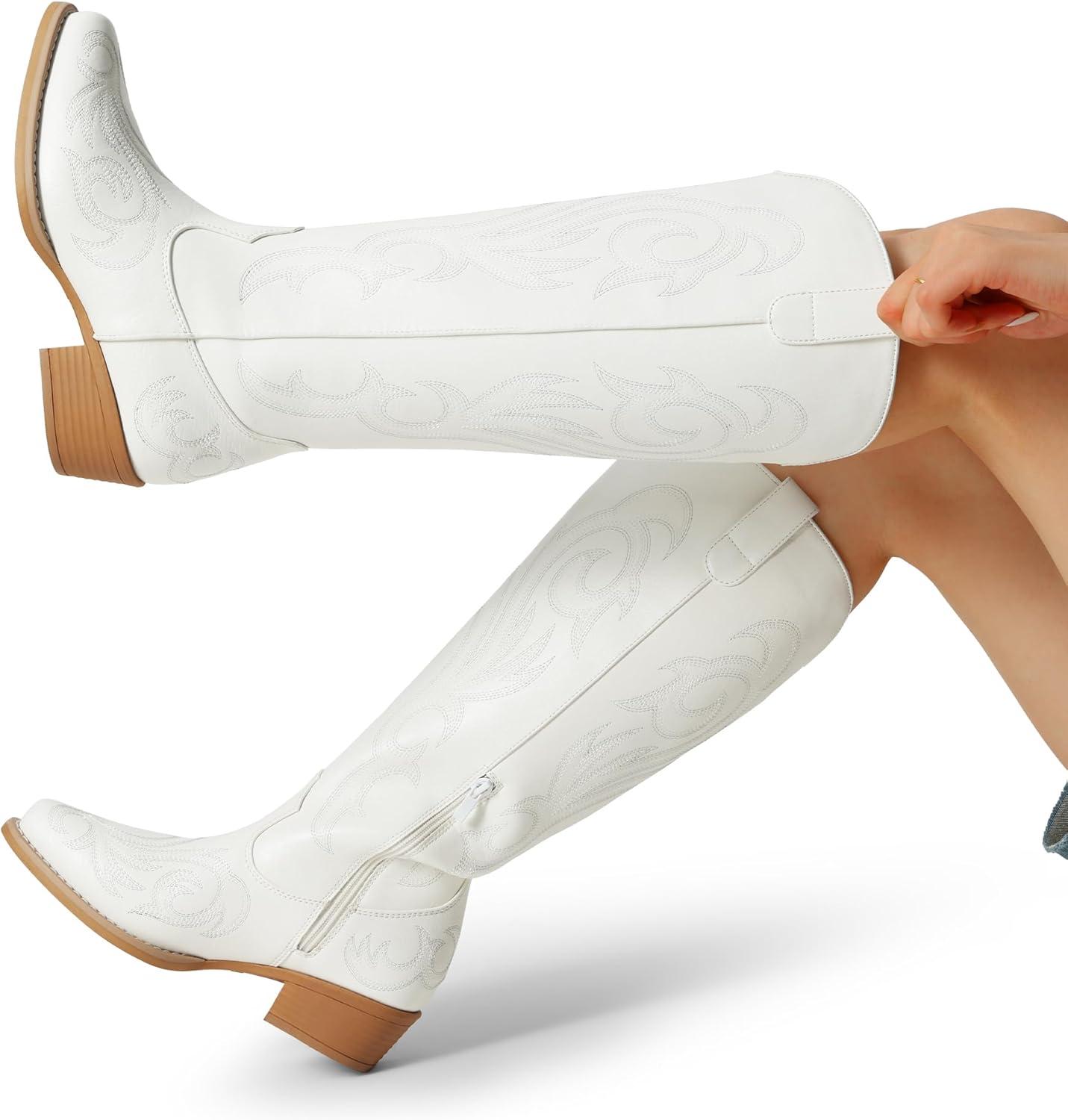 imageDREAM PAIRS Womens Cowboy Boots Comfortable Cowgirl Knee High Boots Pull On Side Zipper Chunky Heel Embroidered Western BootsWhite