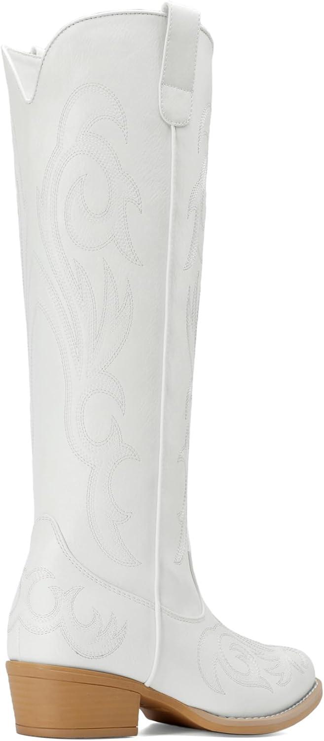 imageDREAM PAIRS Womens Cowboy Boots Comfortable Cowgirl Knee High Boots Pull On Side Zipper Chunky Heel Embroidered Western BootsWhite