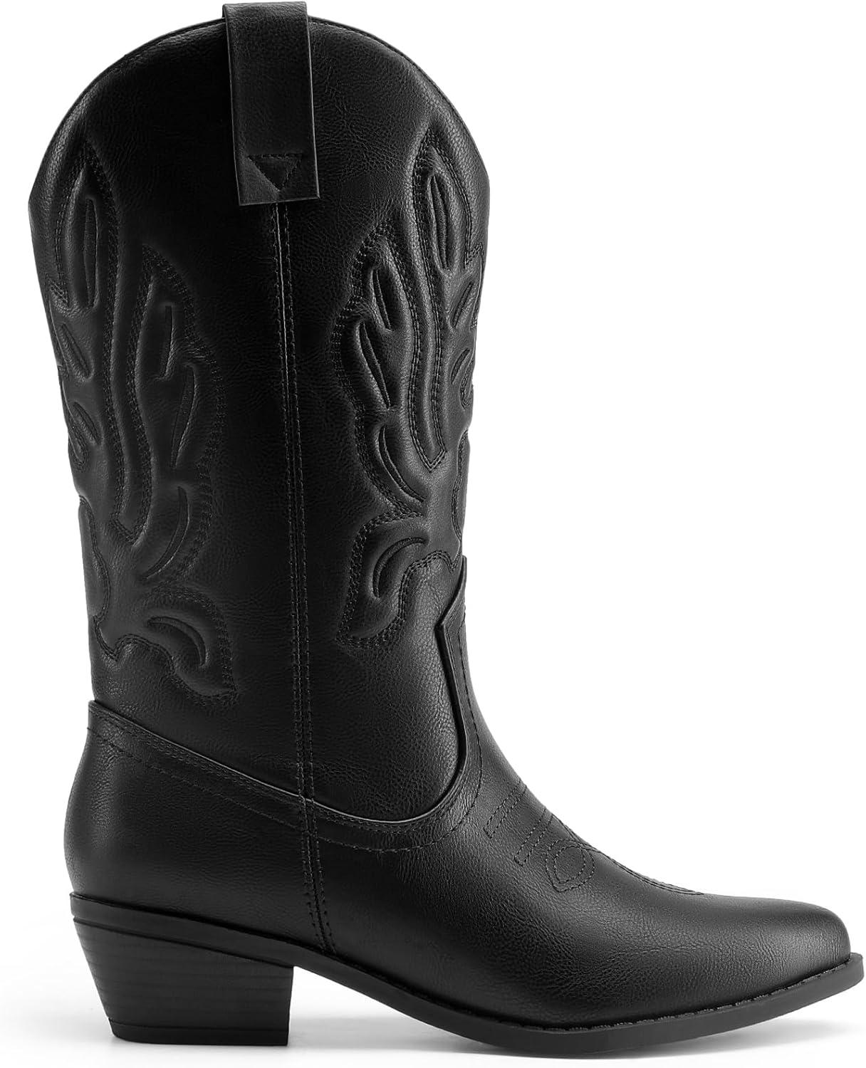 imageDREAM PAIRS Womens Cowboy Boots Mid Calf Cowgirl Boots Embroidery Stitched Western BootsAll Black