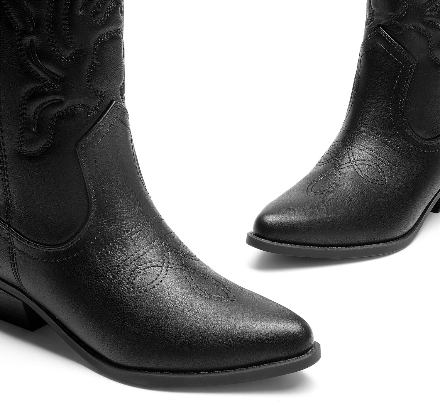 imageDREAM PAIRS Womens Cowboy Boots Mid Calf Cowgirl Boots Embroidery Stitched Western BootsAll Black