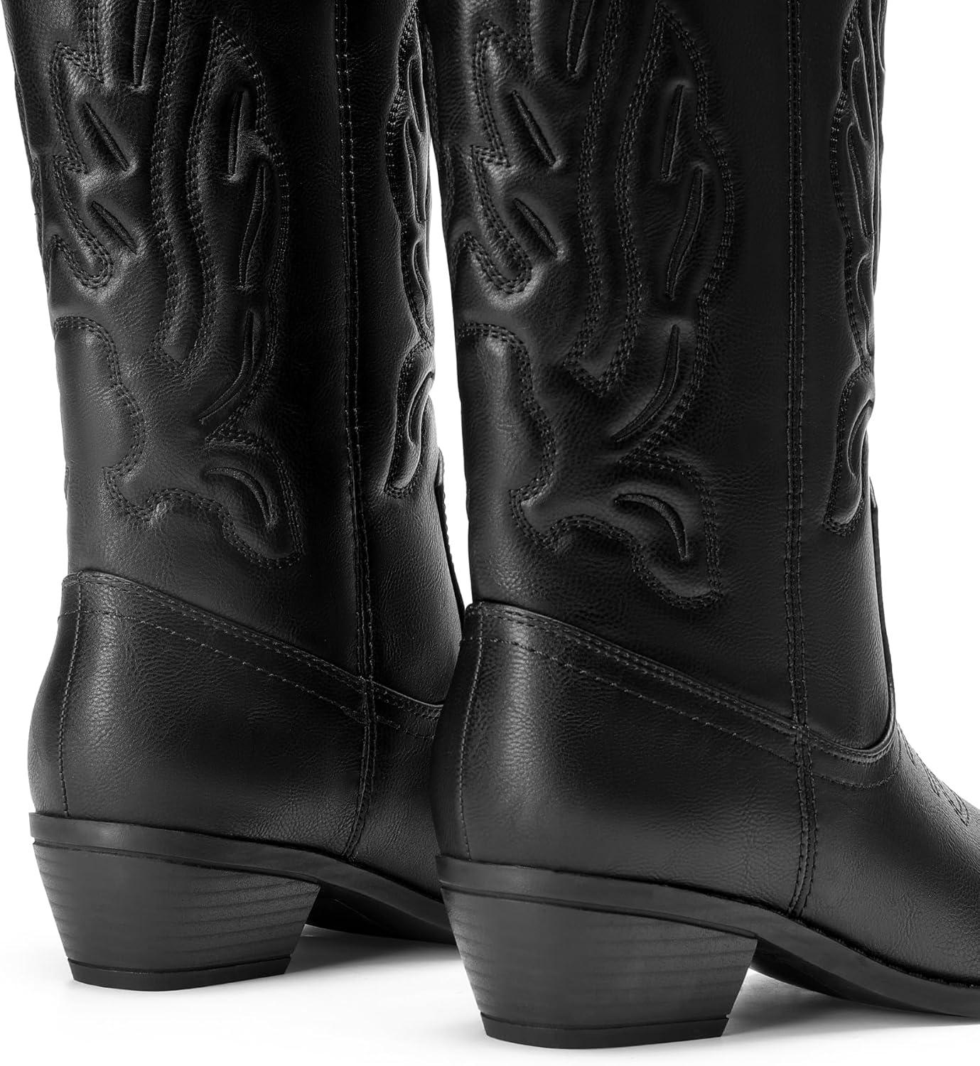 imageDREAM PAIRS Womens Cowboy Boots Mid Calf Cowgirl Boots Embroidery Stitched Western BootsAll Black