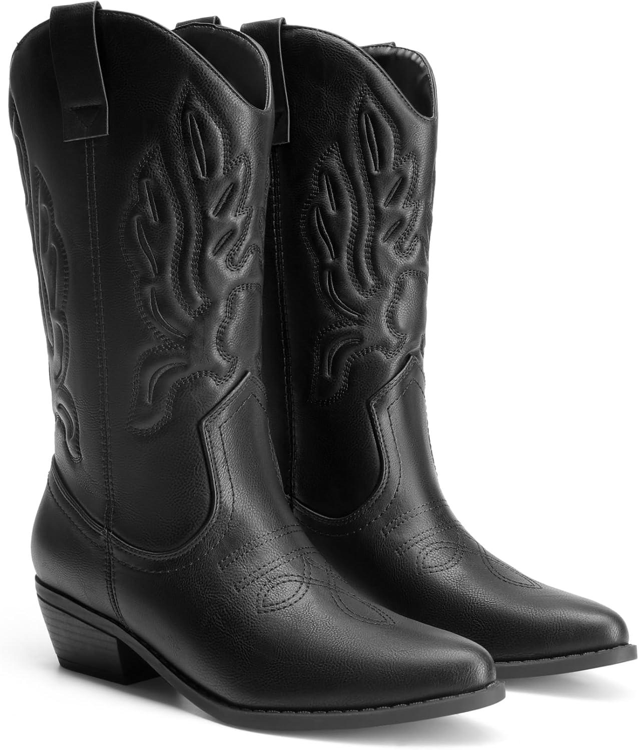 imageDREAM PAIRS Womens Cowboy Boots Mid Calf Cowgirl Boots Embroidery Stitched Western BootsAll Black