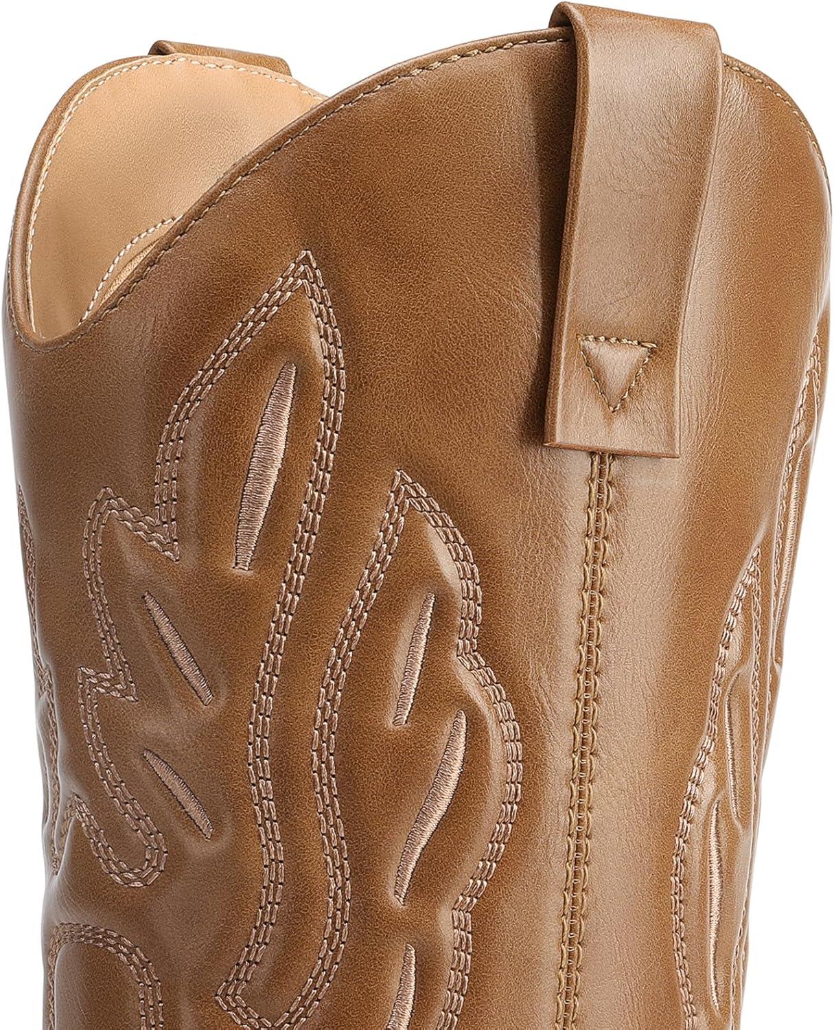 imageDREAM PAIRS Womens Cowboy Boots Mid Calf Cowgirl Boots Embroidery Stitched Western BootsTan