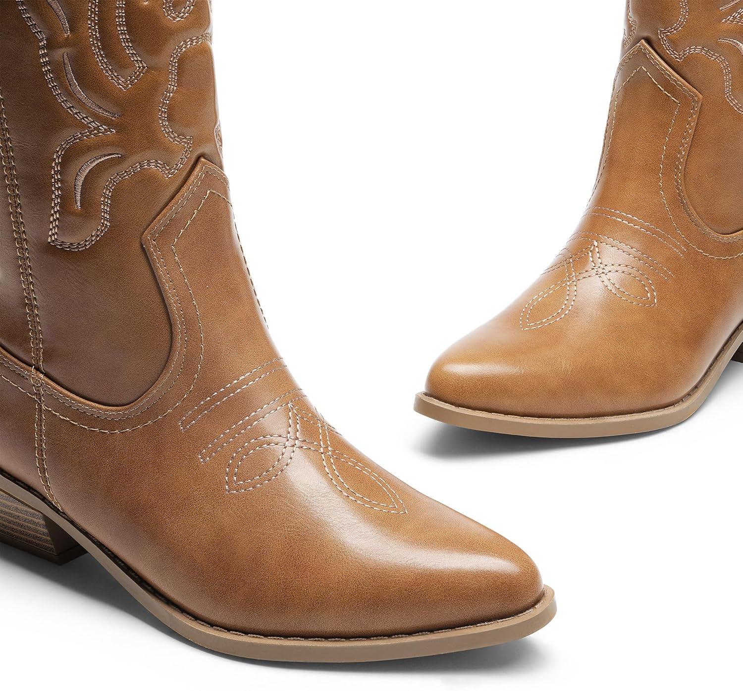 imageDREAM PAIRS Womens Cowboy Boots Mid Calf Cowgirl Boots Embroidery Stitched Western BootsTan