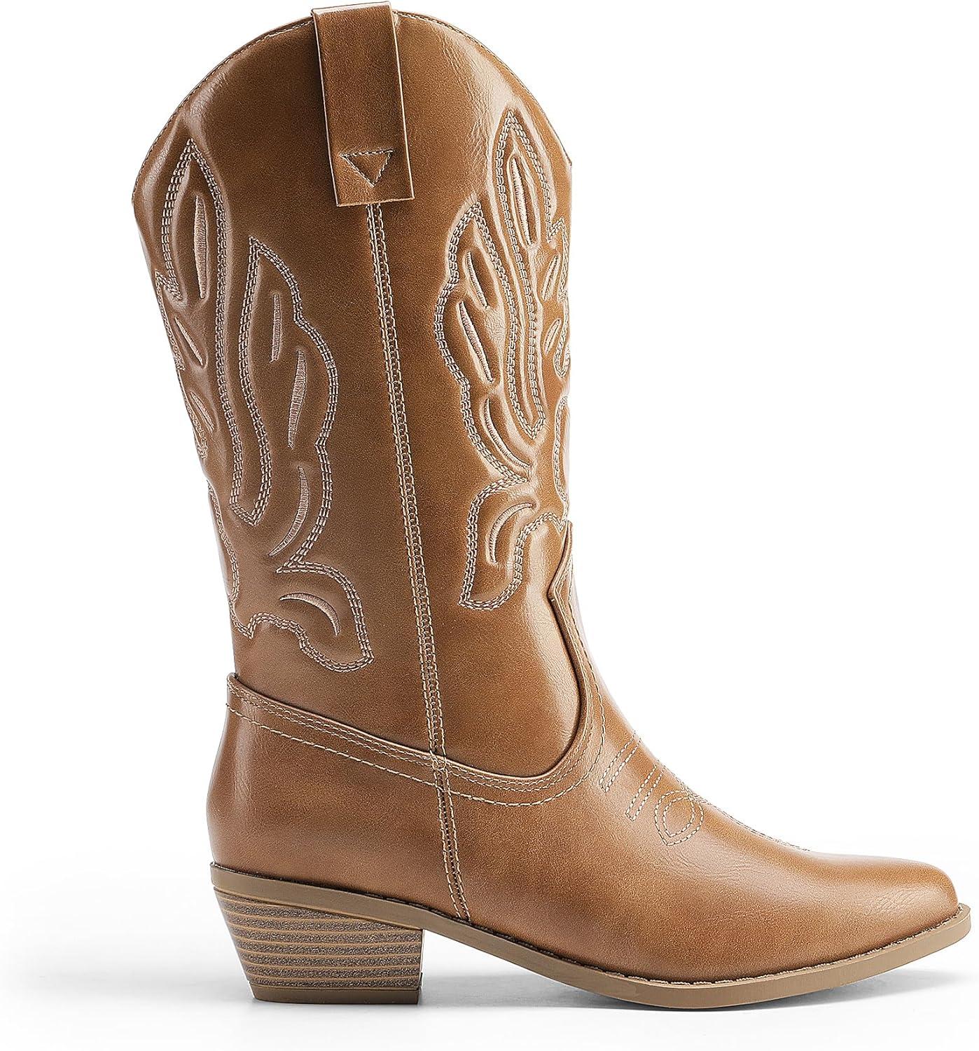 imageDREAM PAIRS Womens Cowboy Boots Mid Calf Cowgirl Boots Embroidery Stitched Western BootsTan